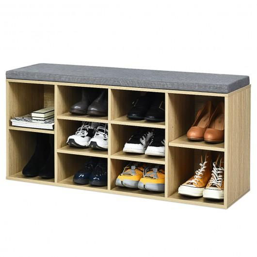 Thumbnail: 10-Cube Organizer  Entryway Padded Shoe Storage Bench-Beige