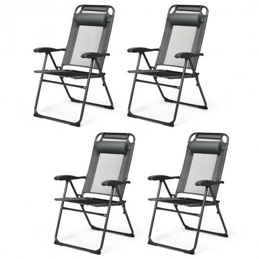 4 Pcs Patio Garden Adjustable Reclining Folding Chairs with Headrest-Gray