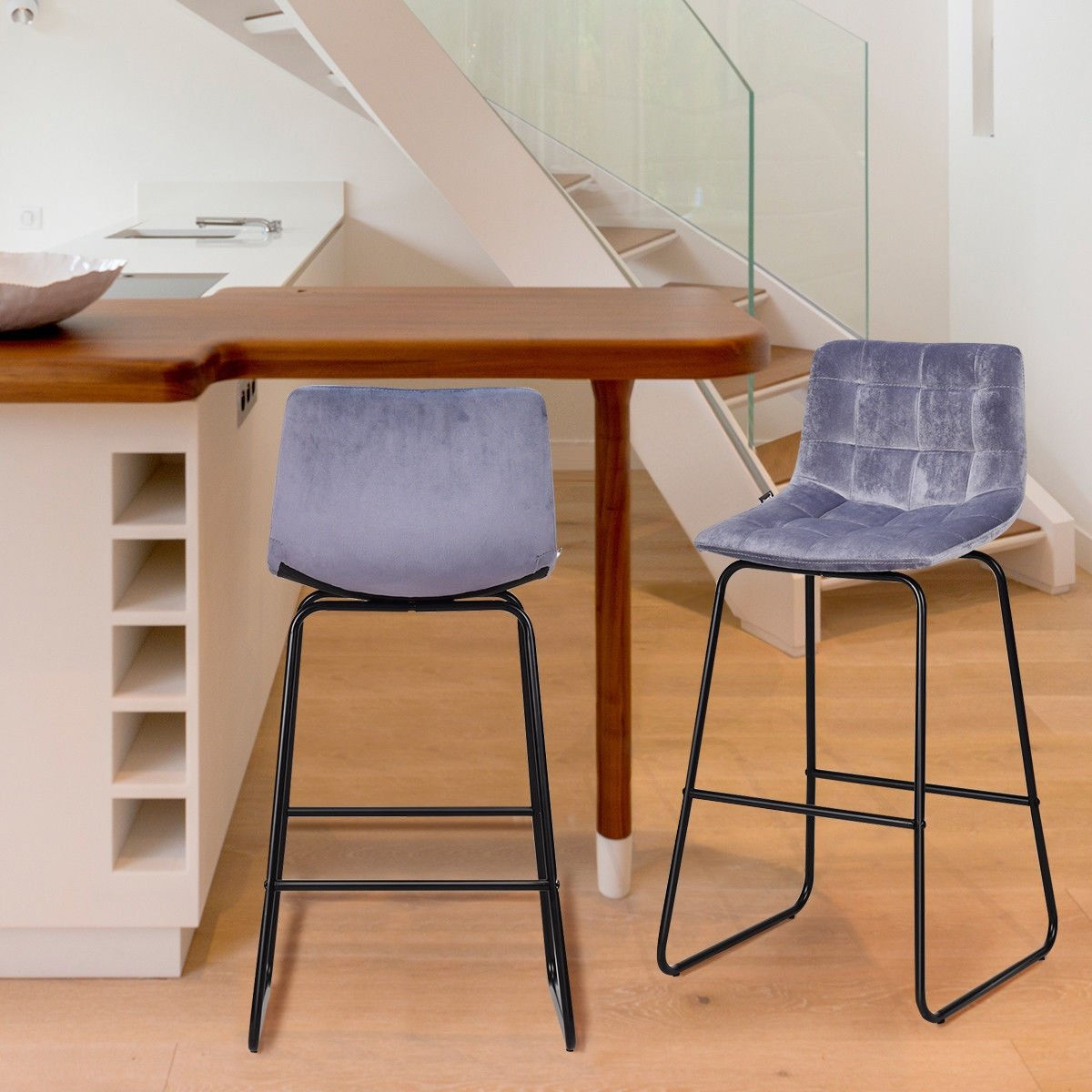 Set of 2 Velvet Bar Stools Pub Kitchen Chairs