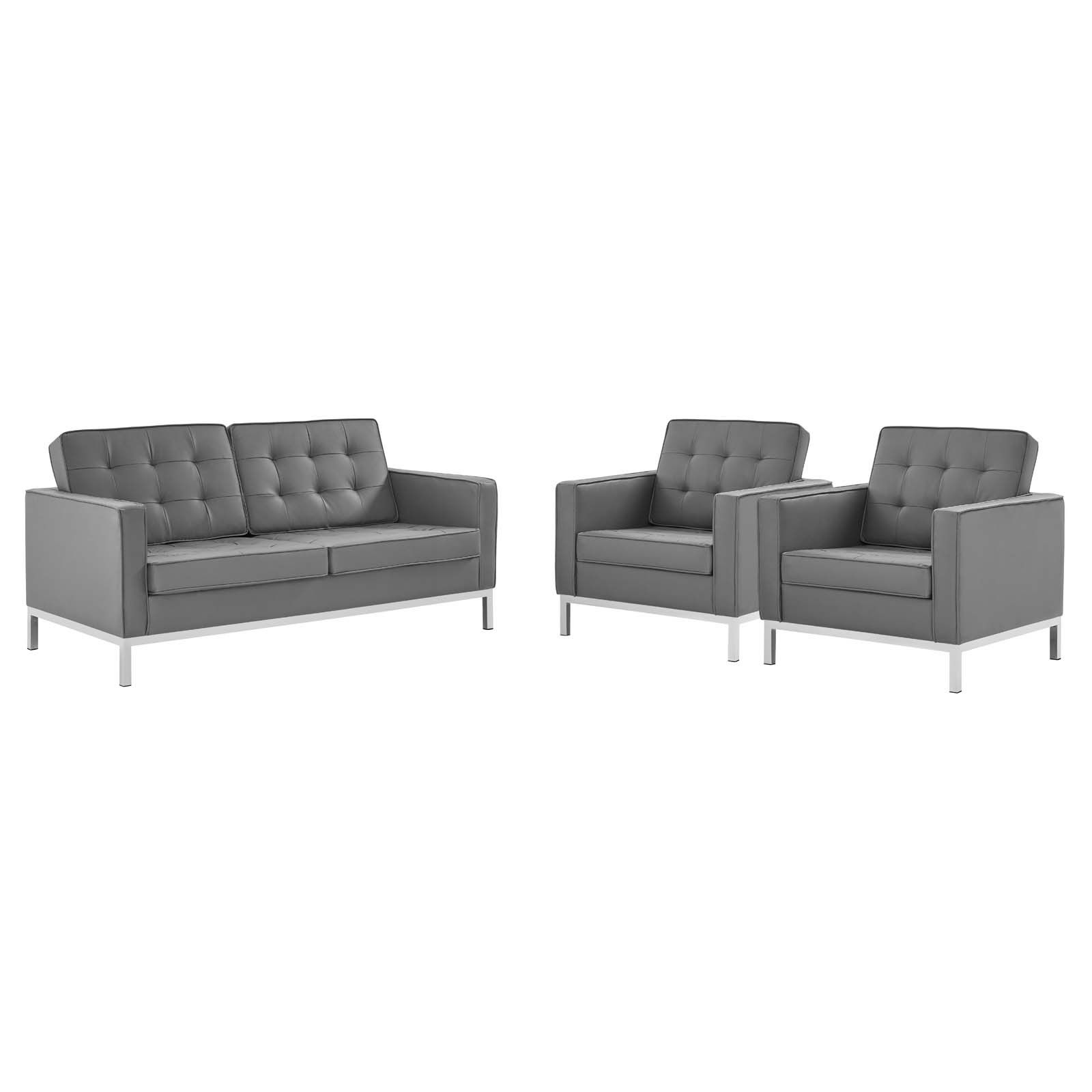 Loft 3 Piece Tufted Upholstered Faux Leather Set EEI-4103-SLV-GRY-SET By