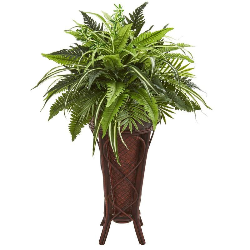 32" Mixed Greens and Fern Artificial Plant in Decorative Stand