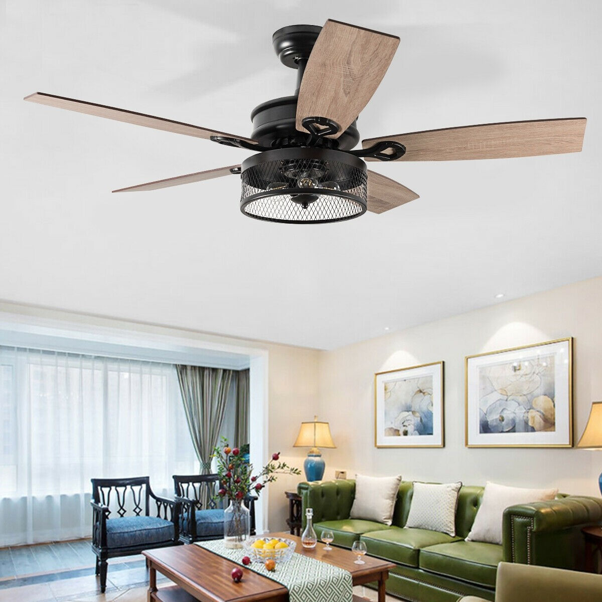 48-Inch Ceiling Fan with 5 Wooden Rustic Reversible Blades