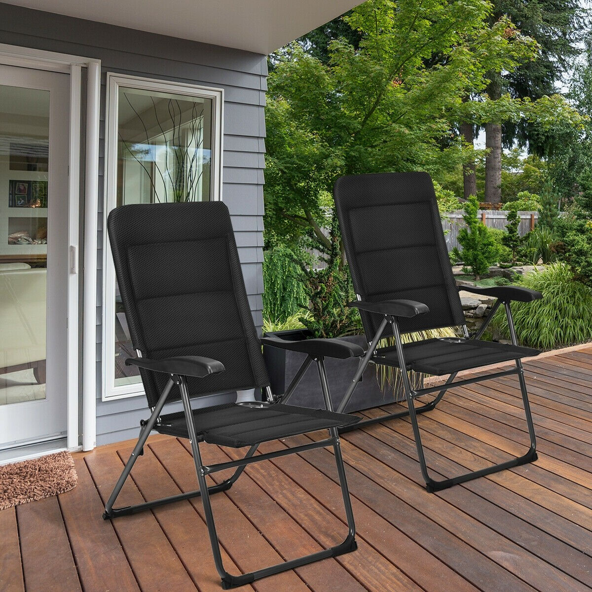 2 Pcs Patio Back Adjustable Reclining Folding Chairs-Black