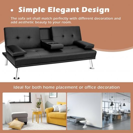 Thumbnail: Convertible Folding Leather Futon Sofa with Cup Holders and Armrests-Black