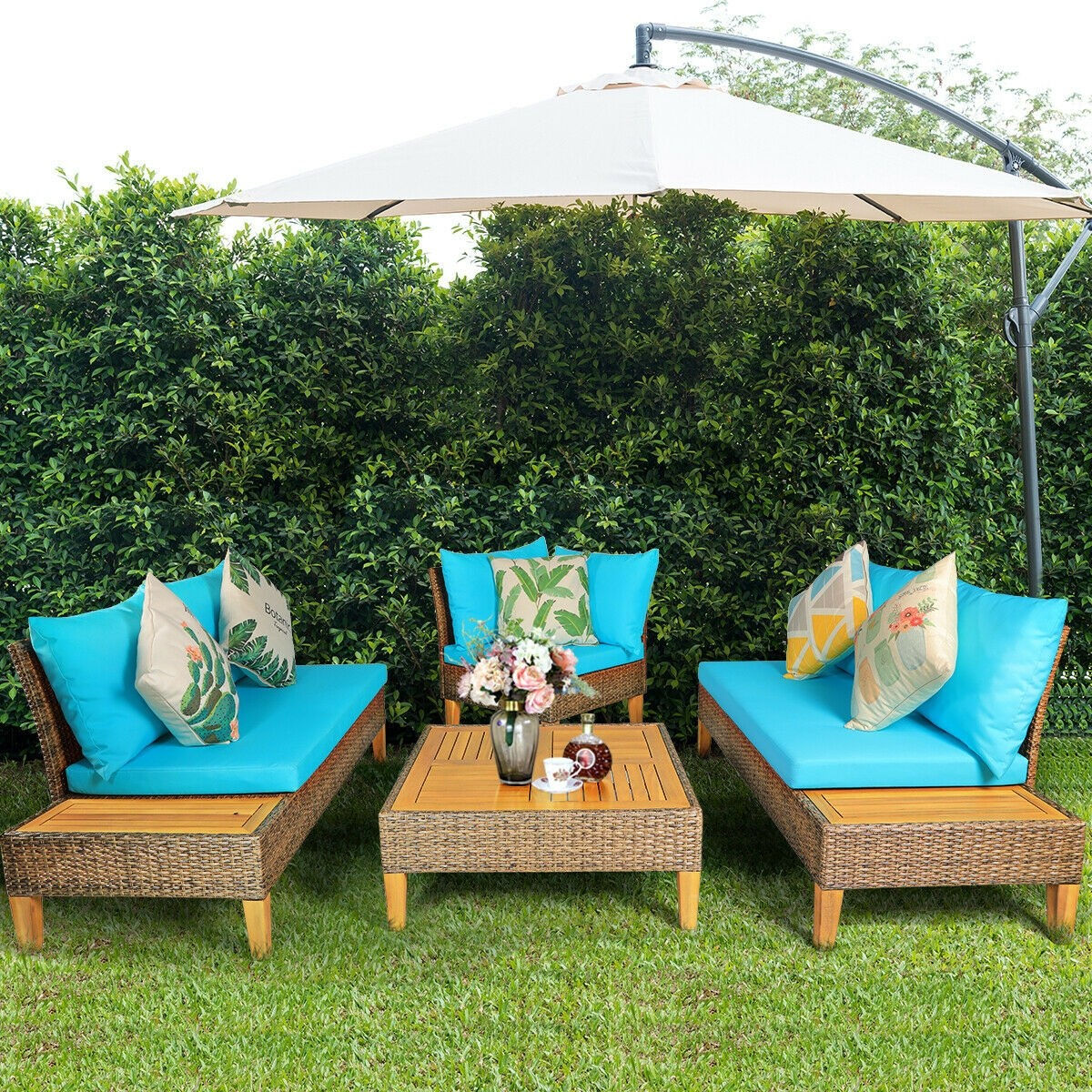 4PCS Patio Rattan Furniture Set with Wooden Side Table