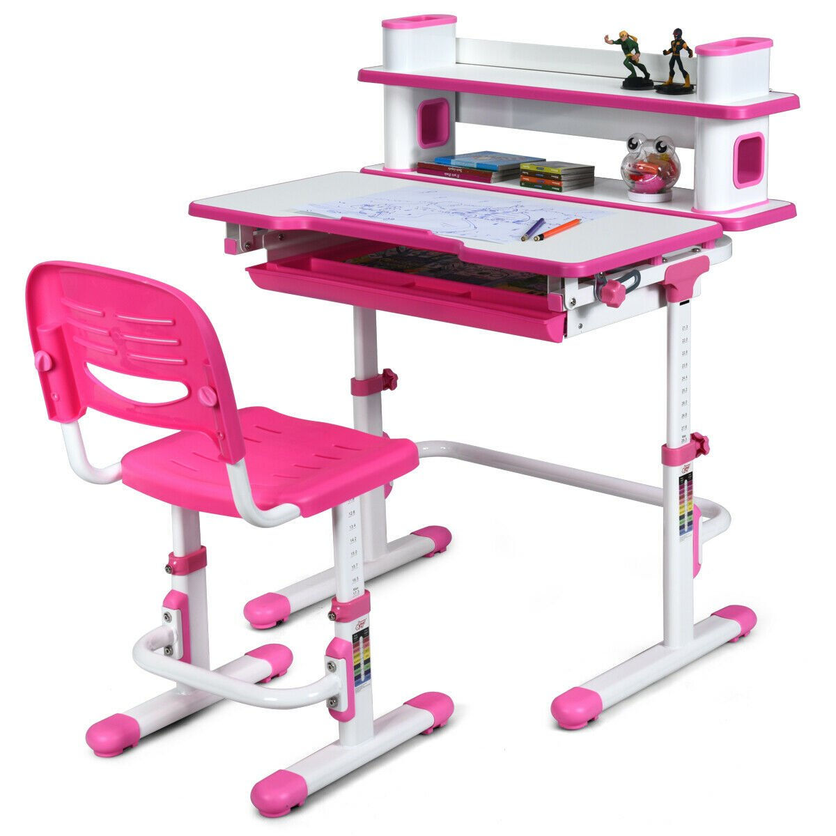 Adjustable Kids Desk and Chair Set with Bookshelf and Tilted Desktop-Pink