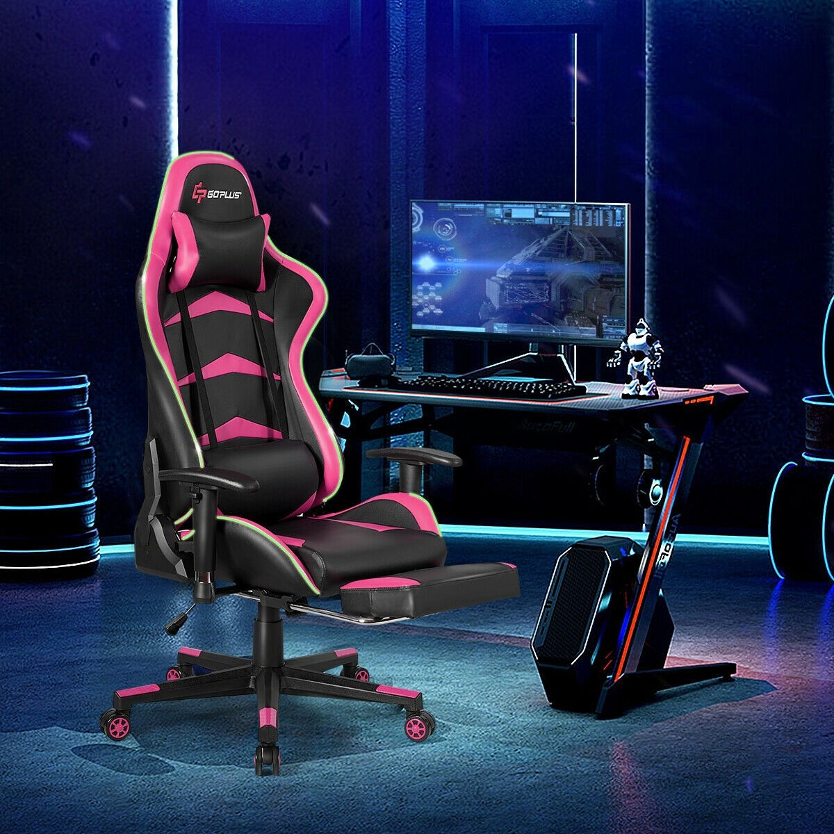 Massage LED Gaming Chair with Lumbar Support & Footrest-Pink