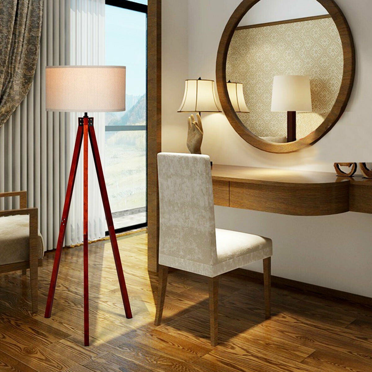 Modern Wood Tripod Floor Lamp with Foot Switch