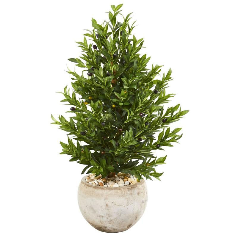 3' Olive Cone Topiary Artificial Tree in Sand Stone Planter UV Resistant