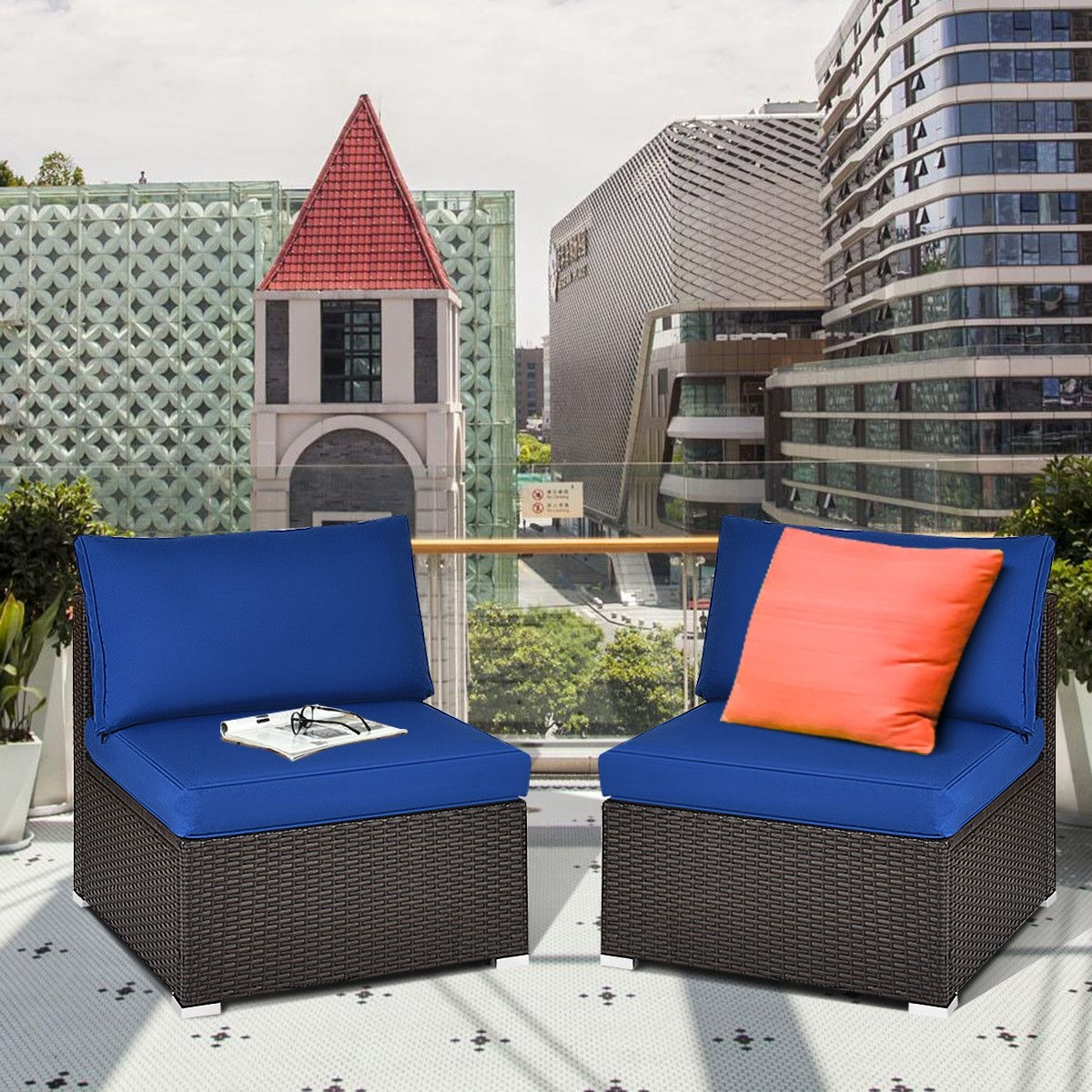 2Pcs Patio Rattan Armless Sofa with Cushion-Navy