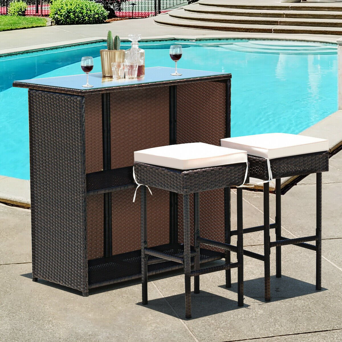 3-piece Rattan Wicker Bar Table Stools Dining Set Cushioned Chairs