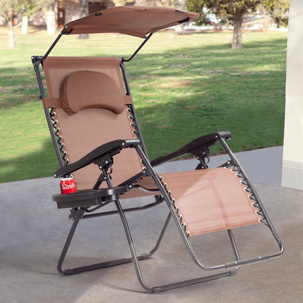 Folding Recliner Lounge Chair with Shade Canopy Cup Holder-Coffee