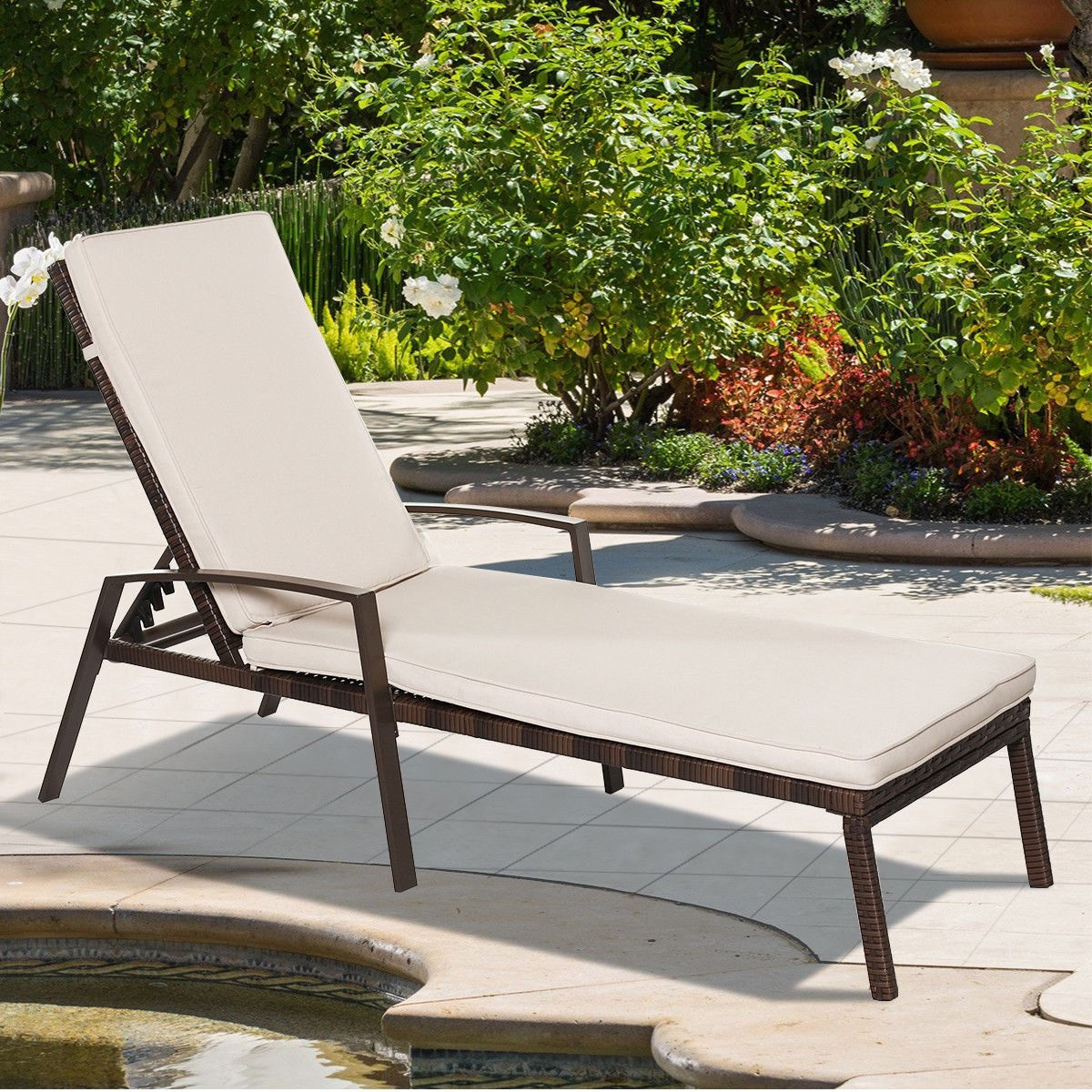 2 pcs Patio Rattan Adjustable Back Lounge Chair