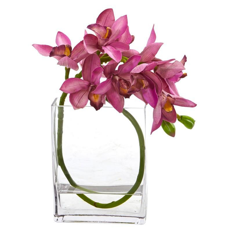 Cymbidium Orchid Artificial in Glass Vase