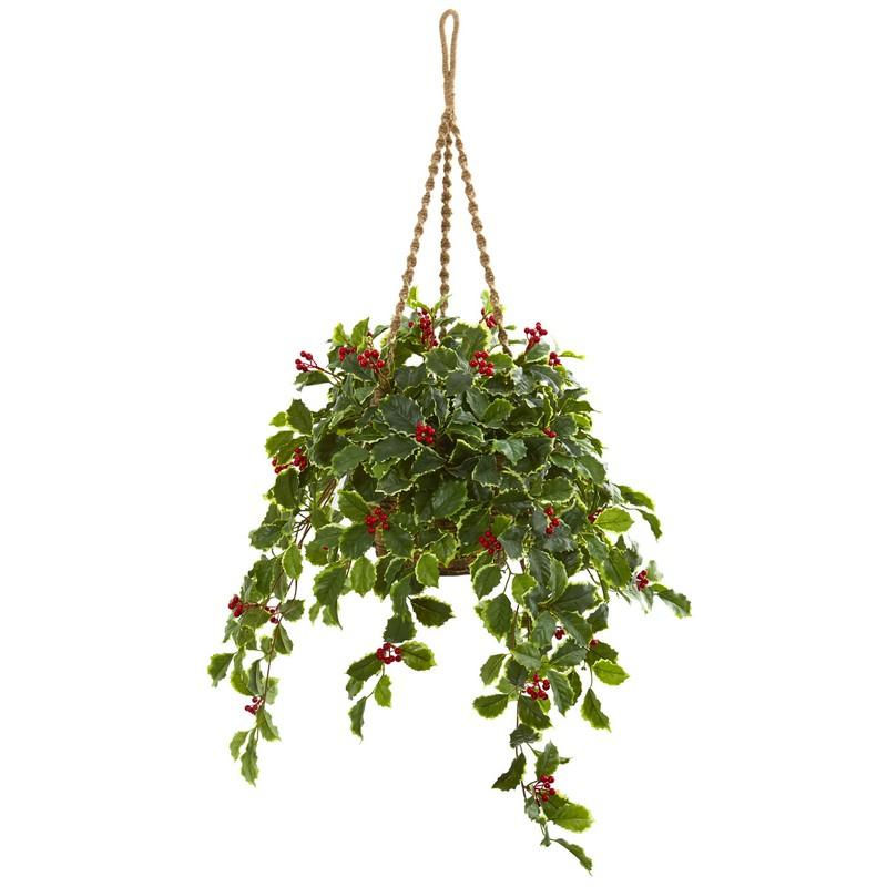 40" Variegated Holly with Berries Artificial Plant in Hanging Basket