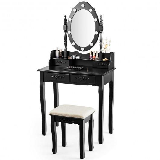 Thumbnail: Makeup Vanity Dressing Table Set with Dimmable Bulbs Cushioned Stool-Black