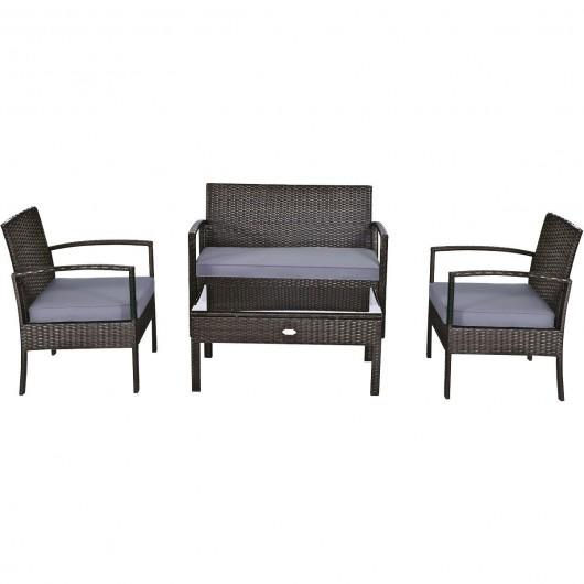 4 PCS Patio Rattan Cushioned Furniture Set -Brown