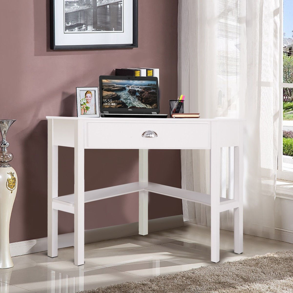 Corner Wooden PC Laptop Computer Desk-White