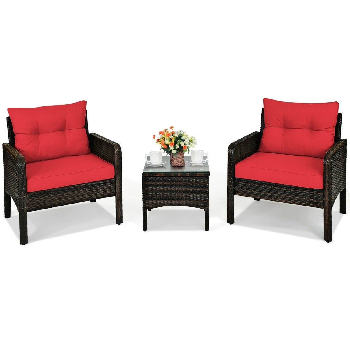 3PCS Outdoor Patio Rattan Conversation Set-Red