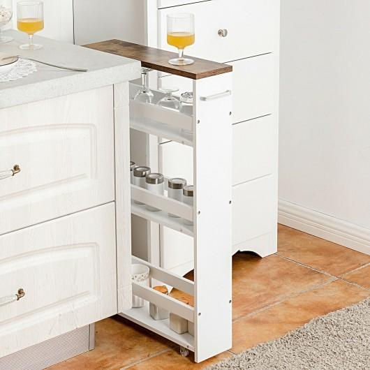 Thumbnail: 4 Tier Rolling Slim Storage Kitchen Organizer Cart with Handle-White