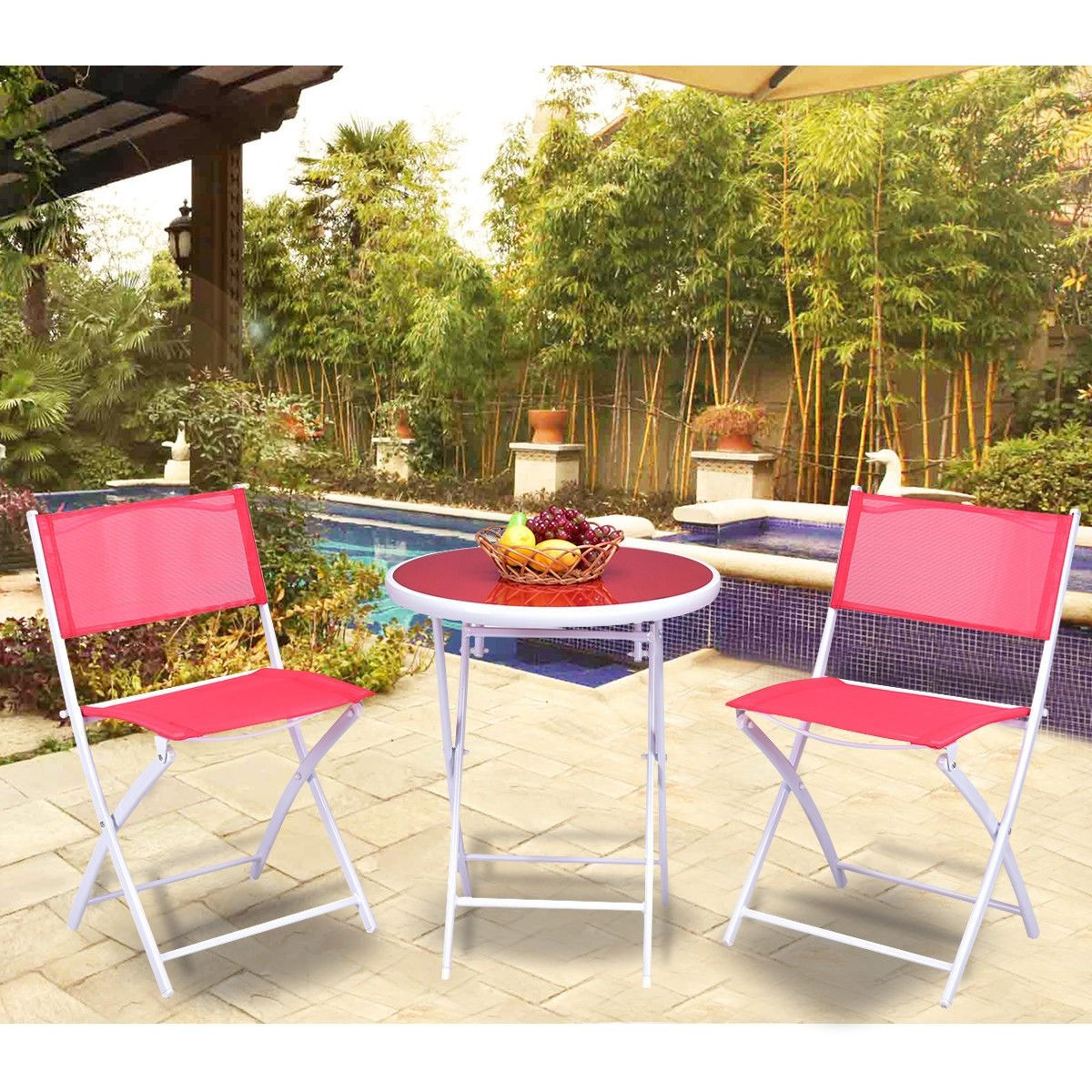 3 Pcs Folding Garden Patio Table Chairs Set -Red