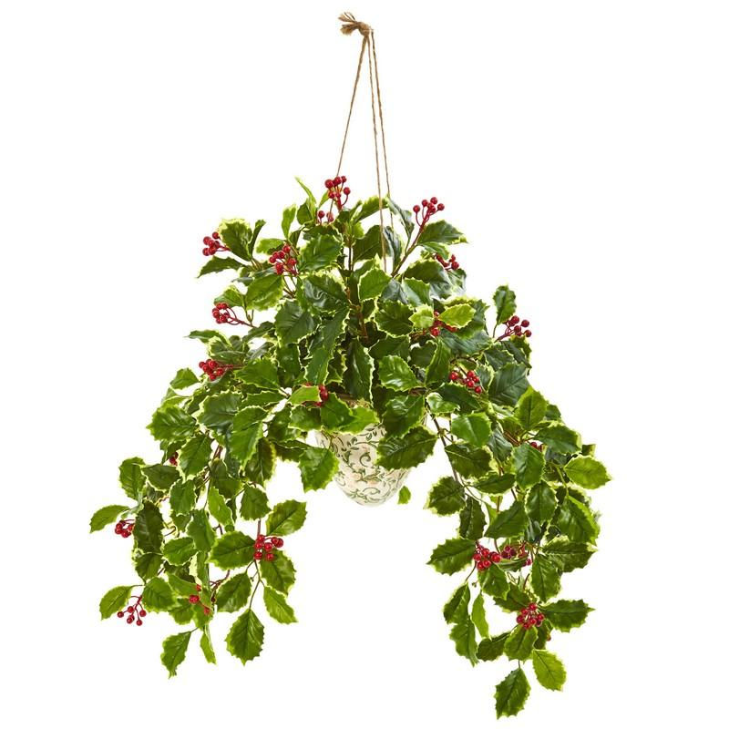 30" Variegated Holly Berry Artificial Plant in Hanging Vase (Real Touch)
