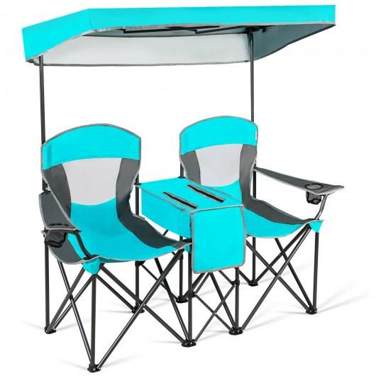 Portable Folding Camping Canopy Chairs w/ Cup Holder-Turquoise
