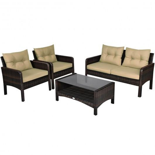 4 pcs Outdoor Rattan Wicker Loveseat Furniture Set w/ Cushions-Coffee