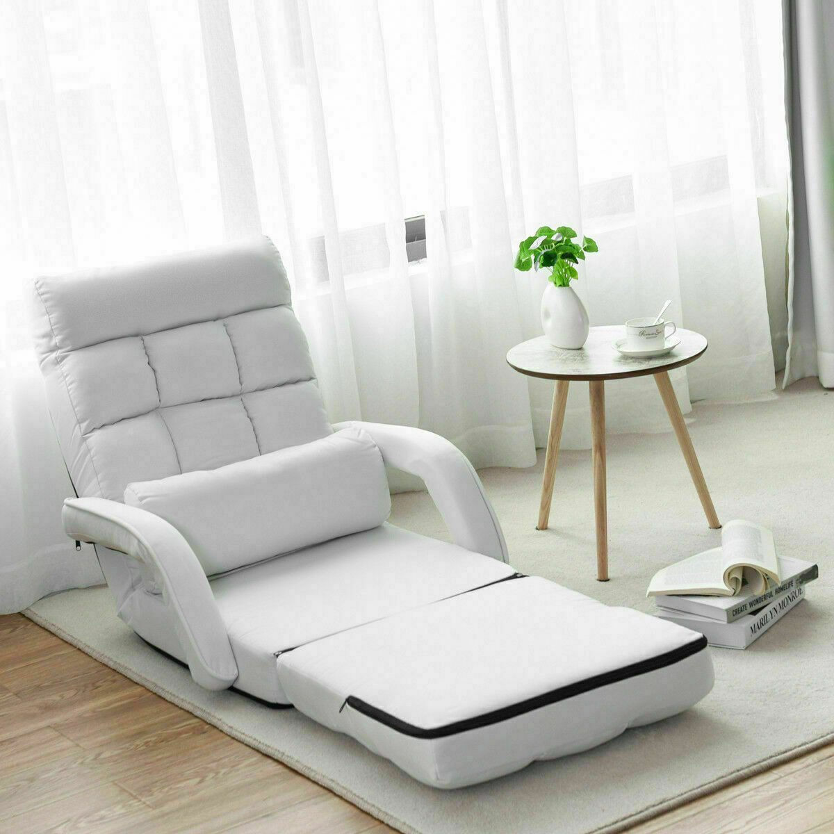 Folding Lazy Floor Chair Sofa with Armrests and Pillow-White