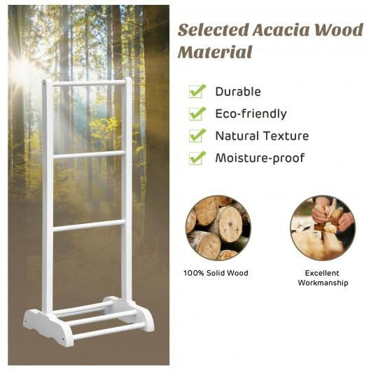 Thumbnail: 3-Bar Acacia Wood Freestanding Bathroom Towel Rack  w/Bottom Storage Shelf-White