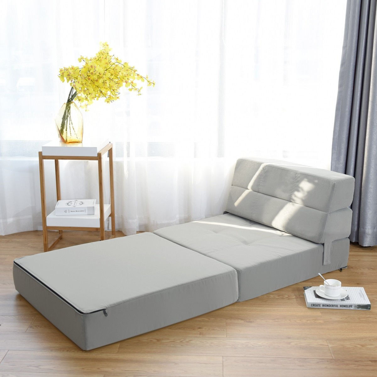 Tri-Fold Folding Chair Convertible Sleeper Bed -Gray