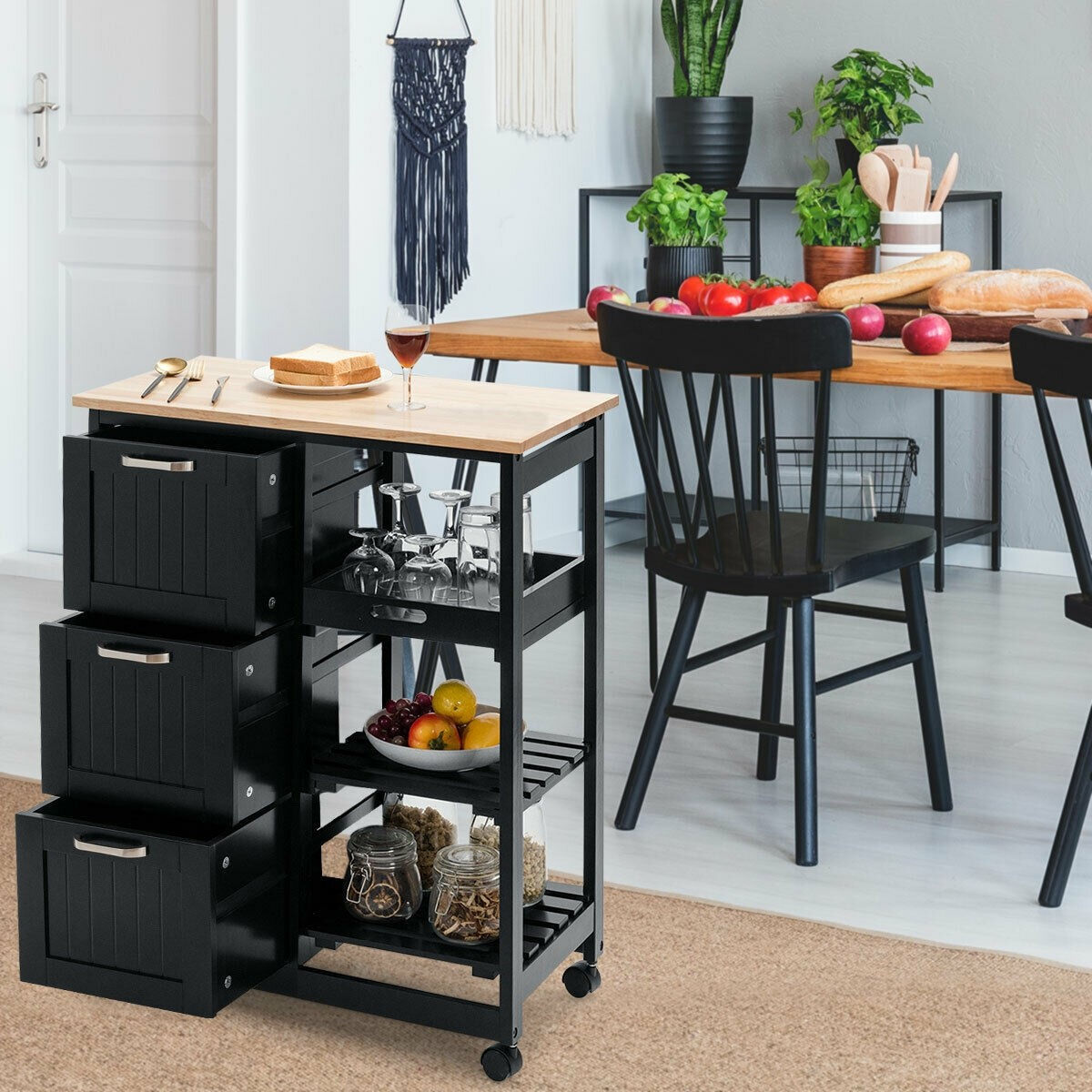 Rolling Kitchen Island Utility Storage Cart -Black