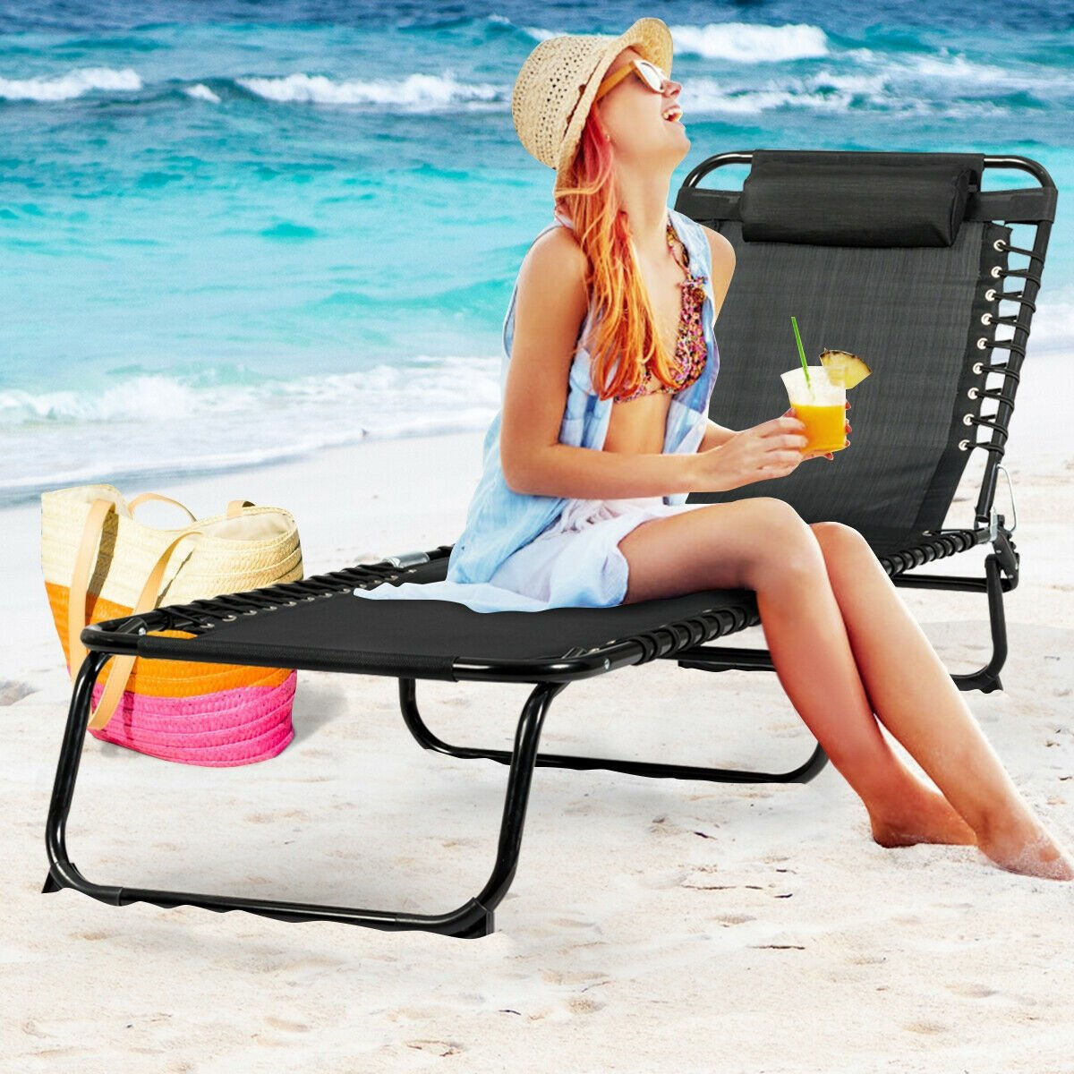 Foldable Camping Patio Chaise Lounge Chair-Black