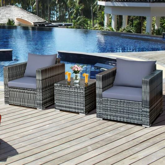 3 Pcs Patio Rattan Furniture Bistro Set with Cushioned Sofa