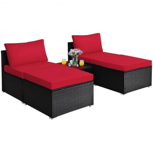 5Pcs Patio Rattan Wicker Furniture Set Armless Sofa Ottoman Cushioned-Red