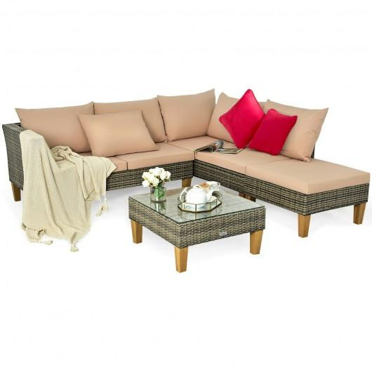 Thumbnail: 4PCS Patio Rattan Furniture Set Cushioned Loveseat-Brown