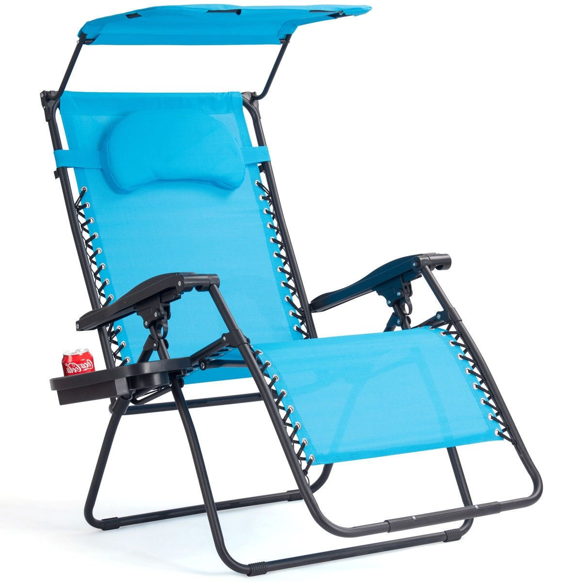 Folding Recliner Lounge Chair with Shade Canopy Cup Holder-Blue