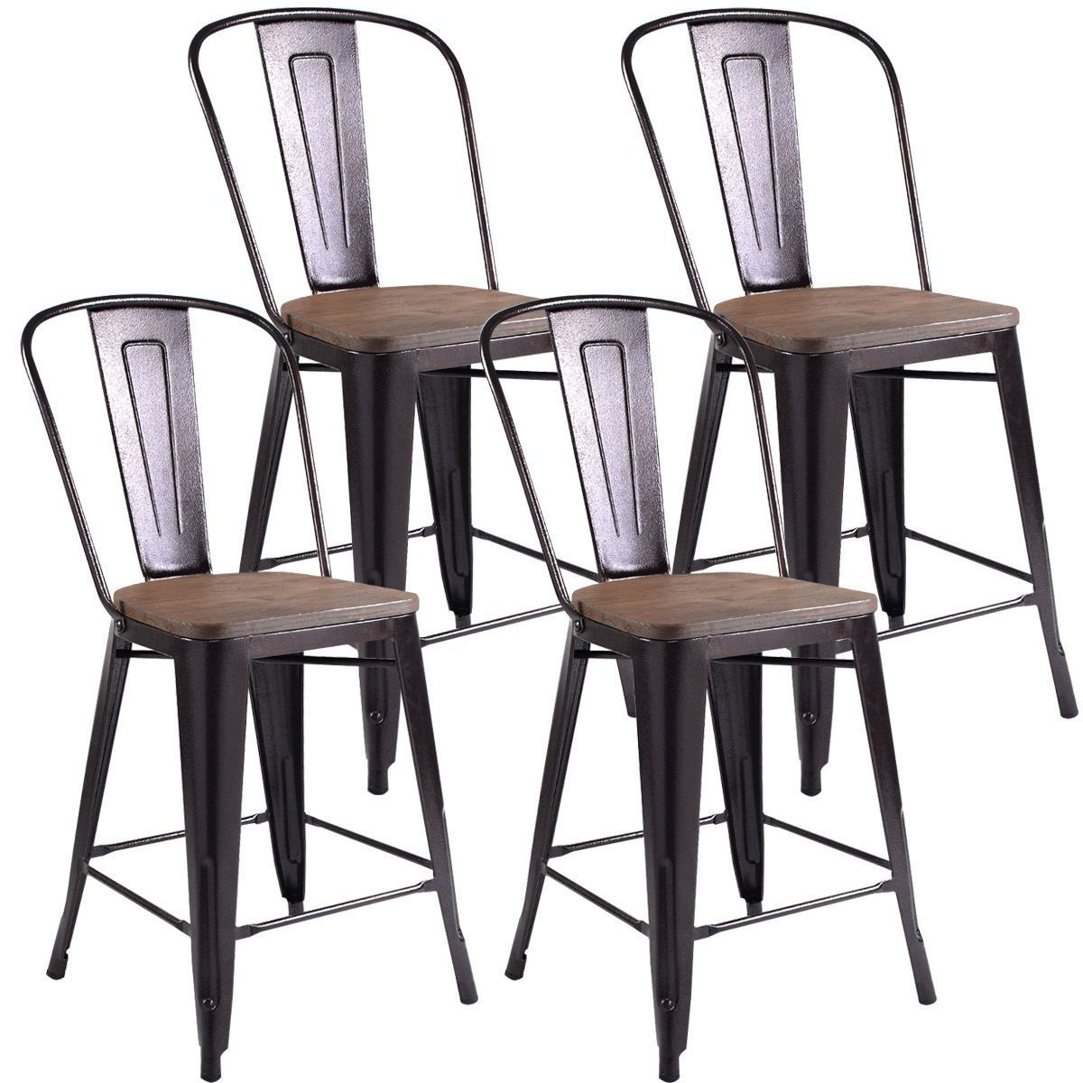 Set of 4 Rustic Metal Wood Bar Chairs with Seat-Wood