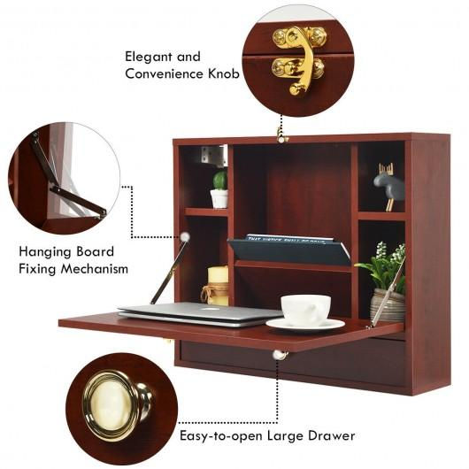 Thumbnail: Wall Mounted Folding Laptop Desk Hideaway Storage with Drawer-Brown