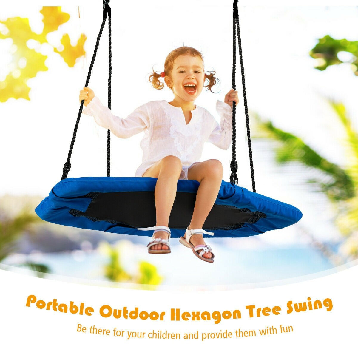 37� Hexagon Tree Kids Swing with Adjustable Hanging Rope-Blue