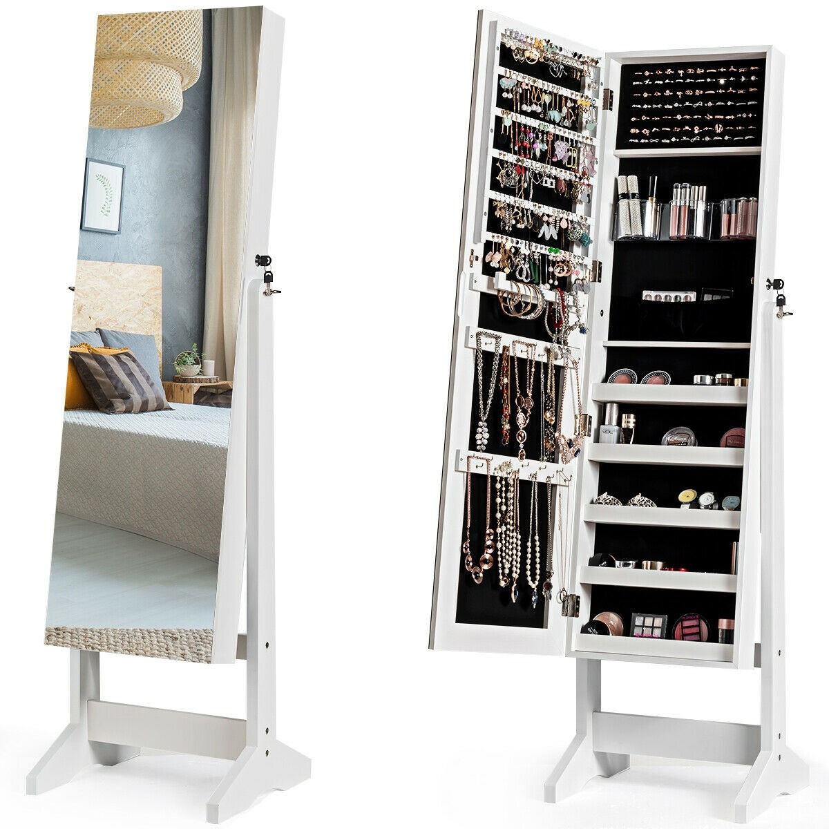 Standing Jewelry Armoire Cabinet with Full Length Mirror-White