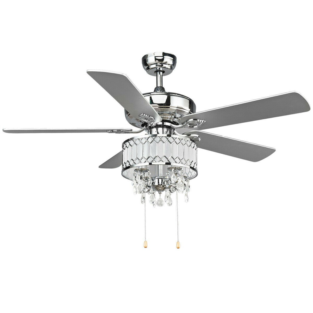 52" Crystal Ceiling Fan Lamp w/ 5 Reversible Blades-Silver