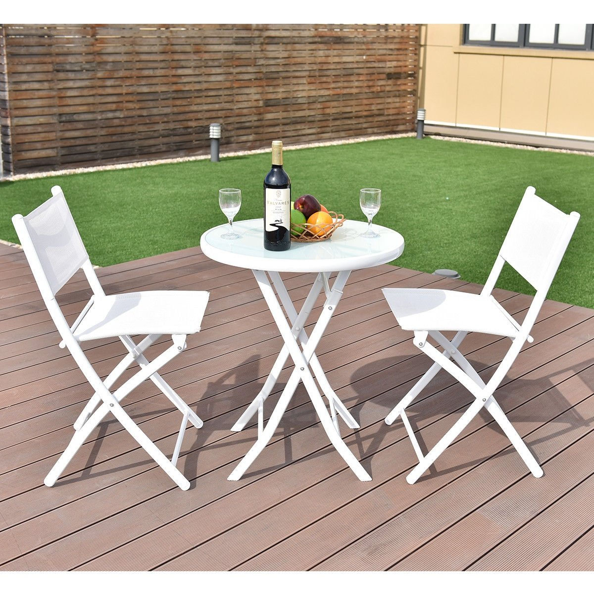 3 Pcs Folding Garden Patio Table Chairs Set-White