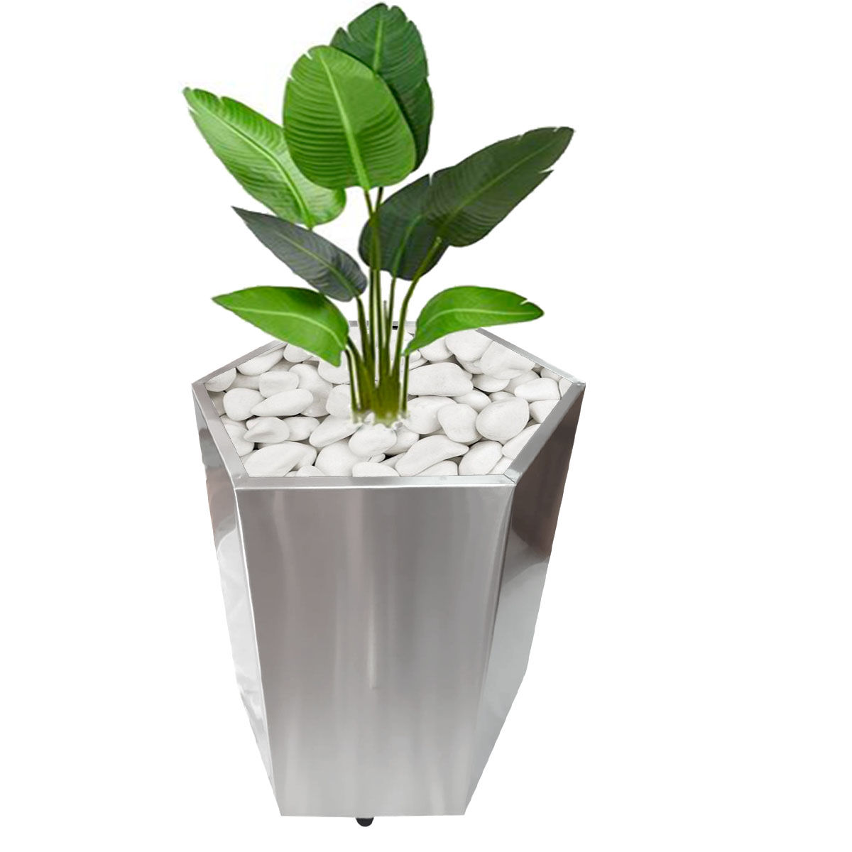 Maceta grande hexagonal de acero inoxidable, con ruedas