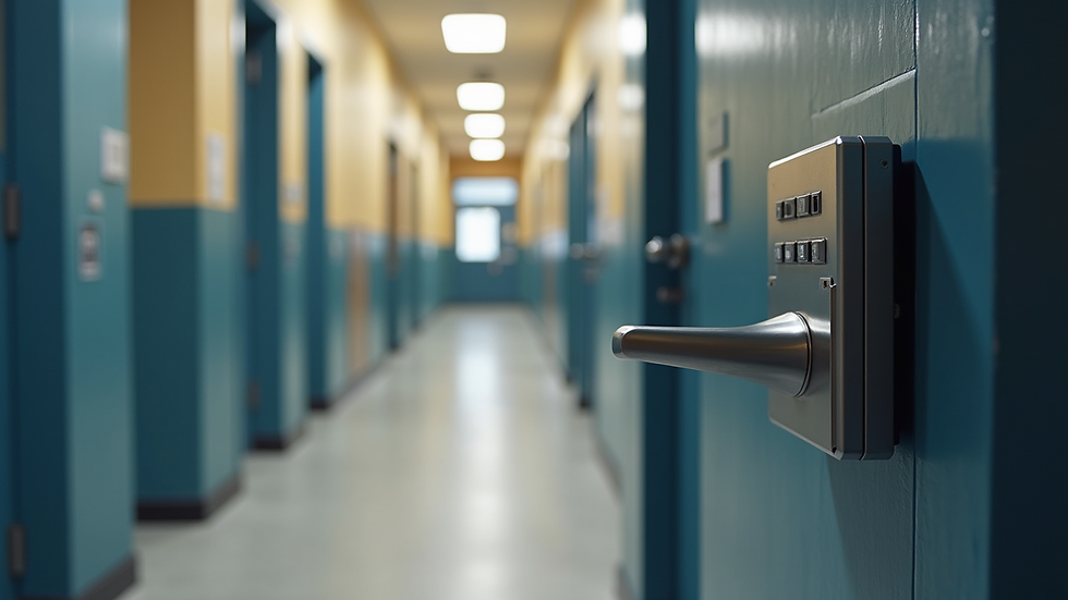 Eye-level view of a school entrance with electronic access control panel