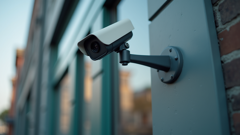 Close-up view of security camera mounted on commercial building exterior