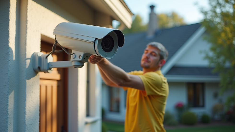 Close-up view of a technician installing a security camera on a residential property