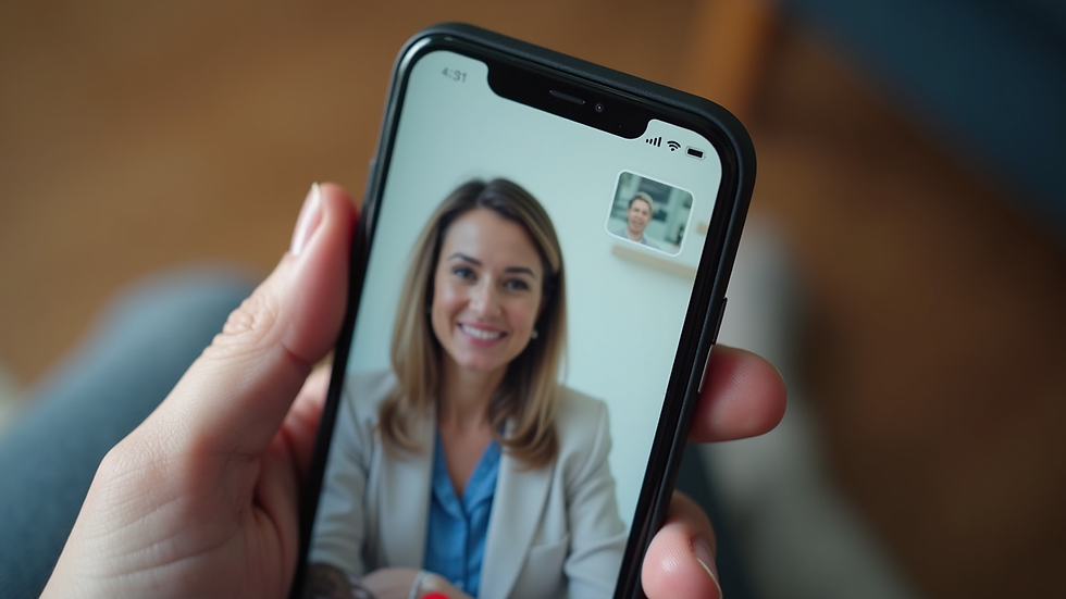 Close-up view of a smartphone displaying a video call with a therapist