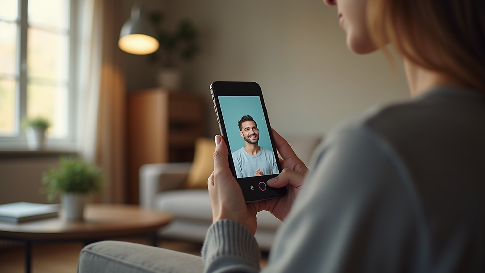 Close-up view of a smartphone displaying a video call interface in a cozy living room