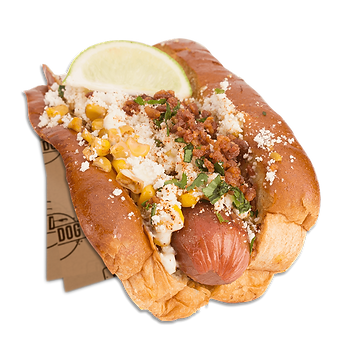 100% Premium All Beef Nathan's Dog, Wrapped in Center-Cut Bacon, Corn, Lime Mayo, Cotija, Chili Powder, Cilantro, Bacon Bits, Lime.